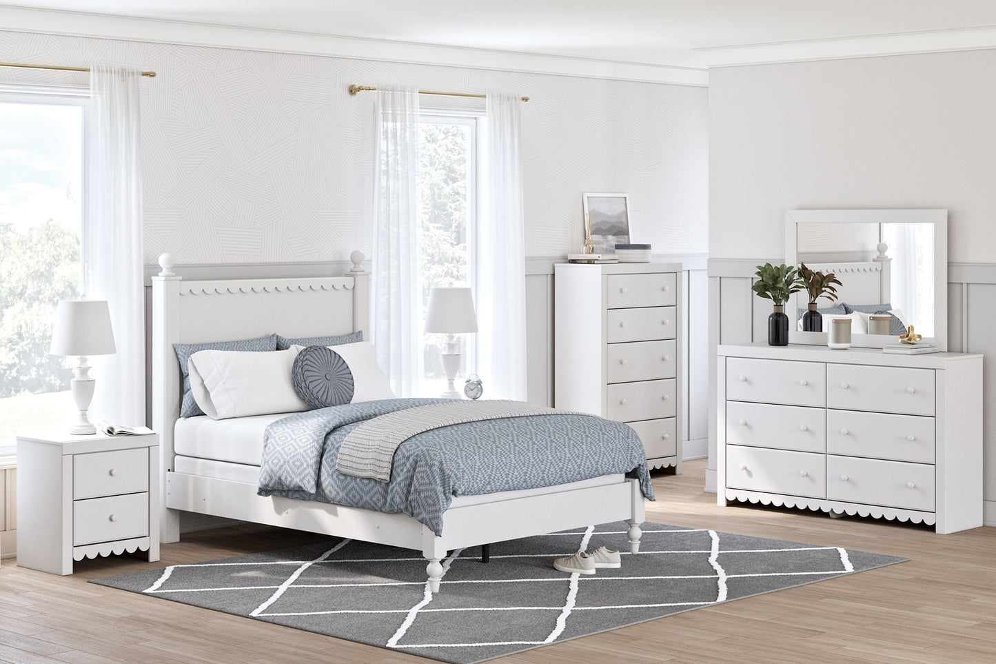 Mollviney Twin Panel Storage Bed with Mirrored Dresser, Chest and Nightstand